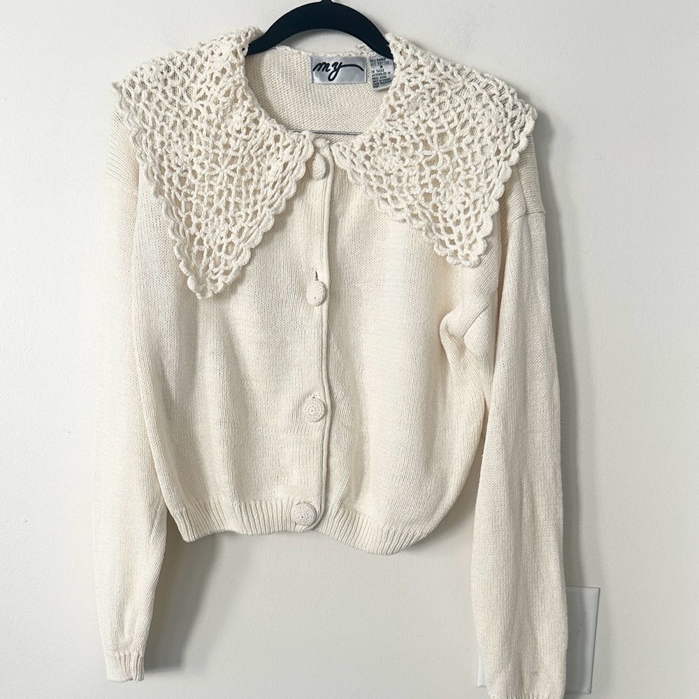 MY Cream Crochet Collared Cardigan Sweater M